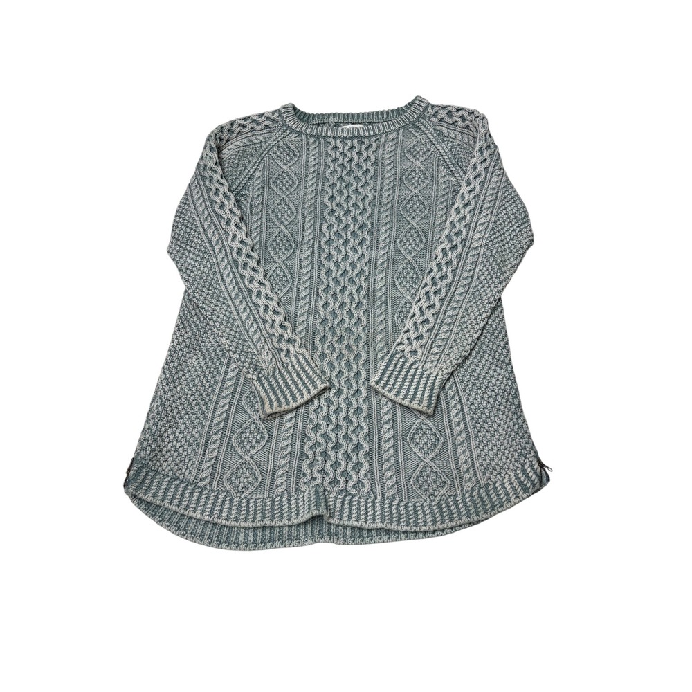 LL Bean Signature Womens Large Blue Cotton Cable Knit‎ Heavy Sweater Side Zip